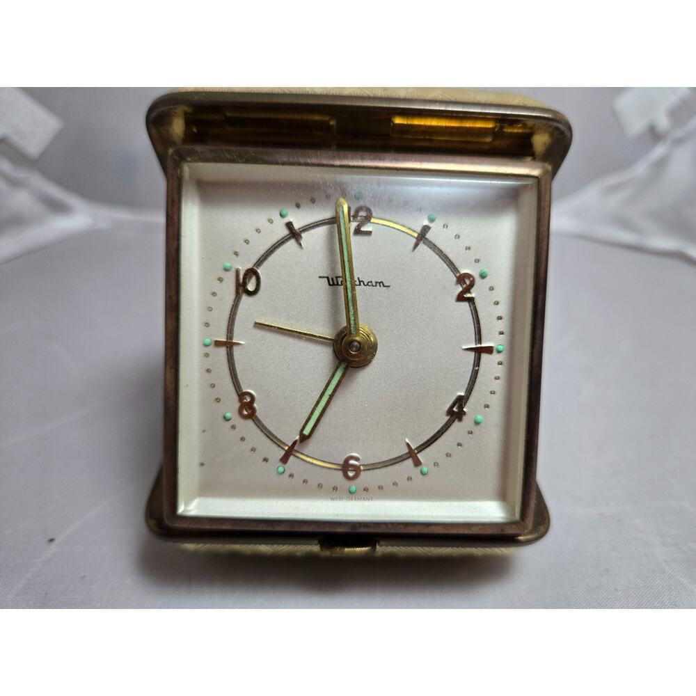 Vintage Waltham Watch Company Western Germany Gold Tone Travel Alarm Clock Winds